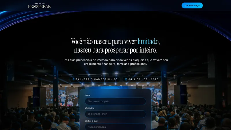 Landing page da Imersão Prosperar em Balneário Camboriú, com plateia ao fundo e formulário de inscrição