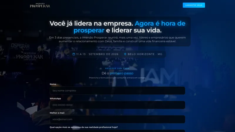 Landing page da Imersão Prosperar em Belo Horizonte, com fundo azul escuro e formulário de inscrição