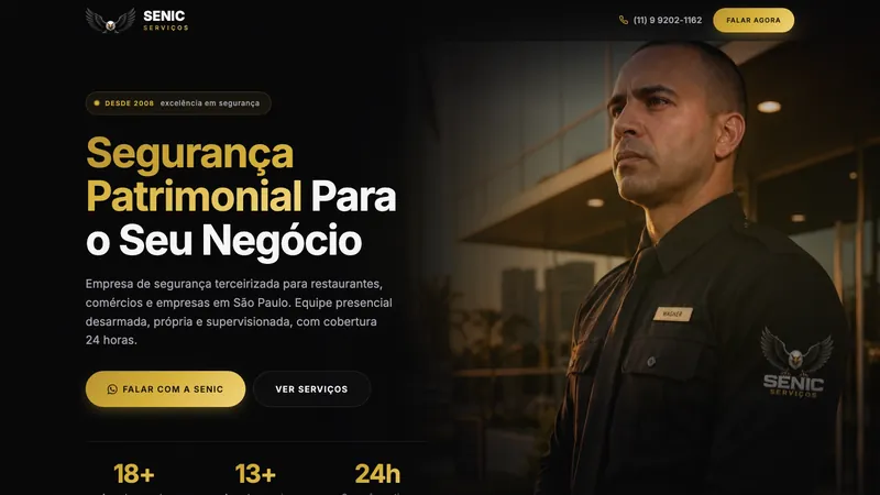 Site da Senic Serviços: fundo escuro, tipografia dourada e foto de profissional de segurança
