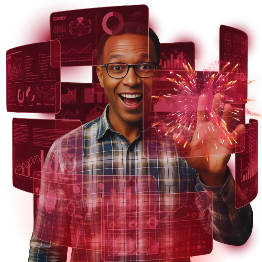 Profissional animado com telas de performance e dados - Golts Agência de Criação de Sites e Autoridade Digital