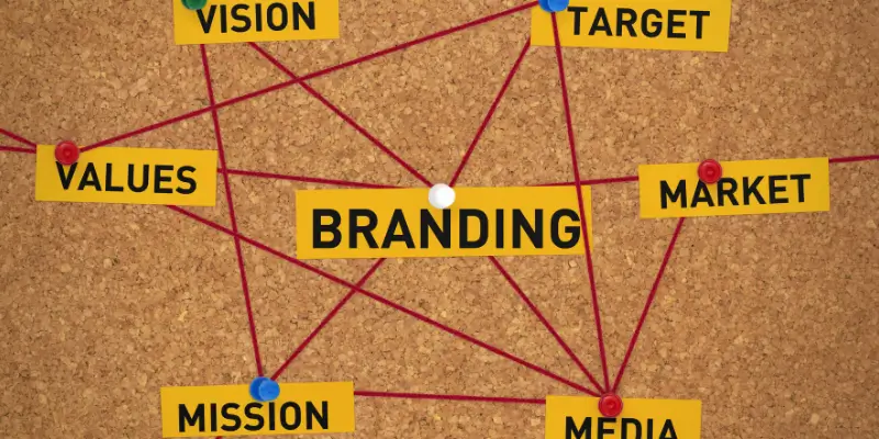 Diagrama visual de branding para pequenas empresas, conectando visão, valores, missão, mercado, público-alvo e mídia em uma rede.