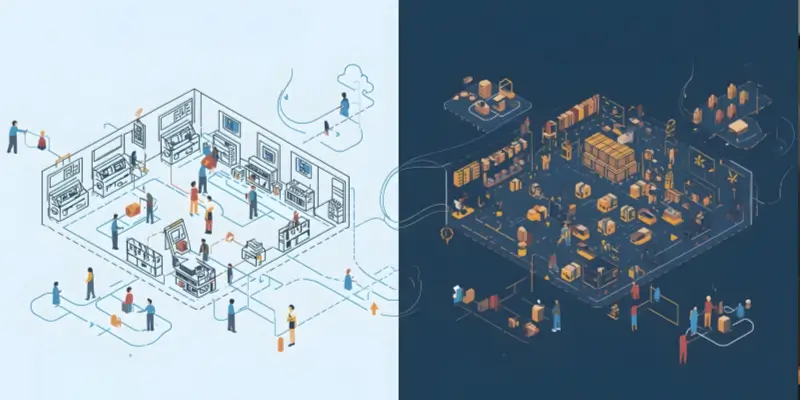 Infográfico mostrando o erro na migração de loja física para online, comparando uma cópia direta (errado) com uma arquitetura de e-commerce (certo). Migração de Loja Física para Online.