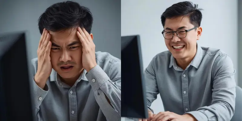 Gráfico de antes e depois de um site que atrai clientes, mostrando a transição do caos no Instagram para vendas automatizadas.