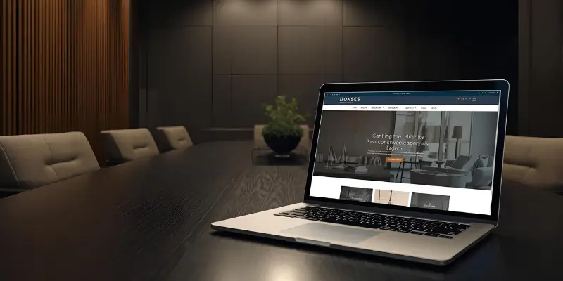 Site corporativo personalizado em um laptop, mostrando o resultado de um desenvolvimento de site para empresas de advocacia.