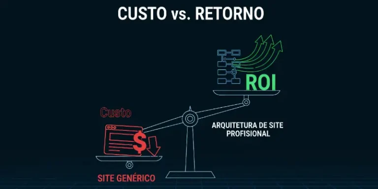 Uma balança comparando o custo de um site amador com o retorno de investir em site para vendas online com uma arquitetura profissional.