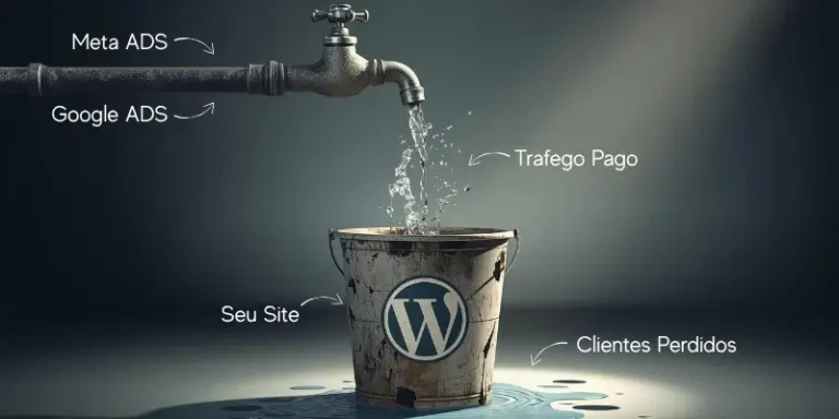 Empresário olhando uma torneira de tráfego pago para site despejando água em um balde furado, simbolizando a perda de conversão.